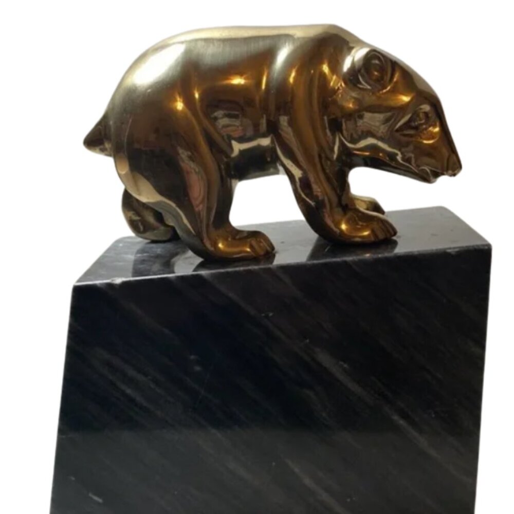 Vintage Solid Brass & Marble Bear Stock Market Bookend or Desk Paperweight